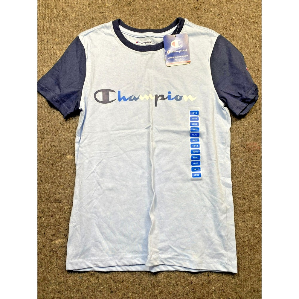 NWT Champion Boys Logo T-Shirt Size 10/12 Light Blue Navy Short Sleeve Tee